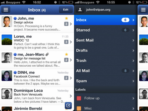 Sparrow Folders and Messages view on the iPhone