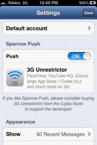 Sparrow Push iPhone jailbreak app